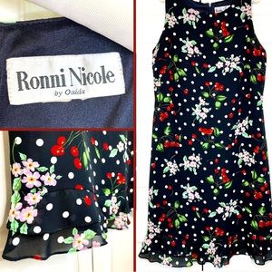 Vintage Dress Cherries & Flowers, Sleeveless, Ronni Nicole 90s Ruffled Hem, Sz L